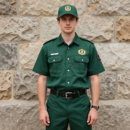 Security Guard in Green Uniform Standing by Stone Wall