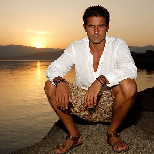 Man in Casual Summer Outfit by Lake at Sunset