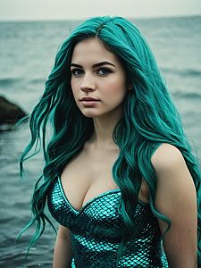 Turquoise-Haired Mermaid Cosplay by the Ocean