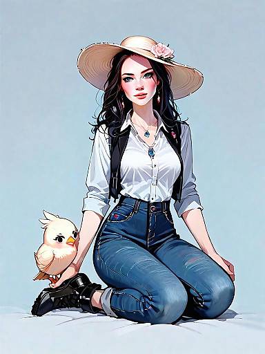 Chic Woman in Wide-Brimmed Hat Kneeling with Cartoon Bird Realistic Comic Style
