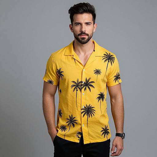 Stylish Man in Yellow Palm Tree Print Shirt Against Gray Background