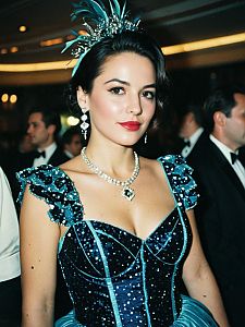 Elegant Woman in Blue Velvet Gala Outfit with Sequins and Diamond Jewelry