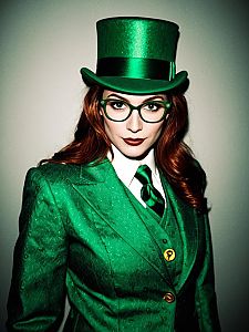Female Riddler Costume Green Suit with Top Hat and Glasses