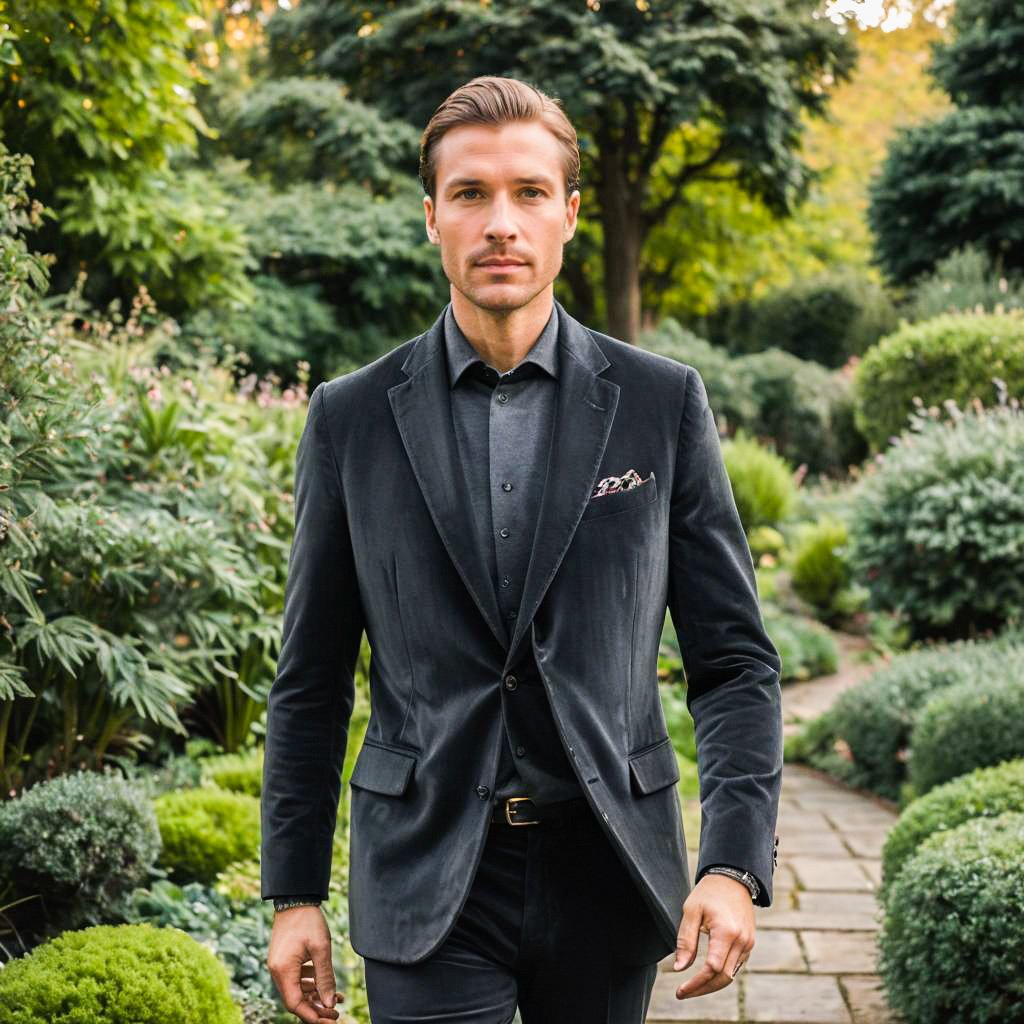 Distinguished Man in Tailored Suit in Lush Garden