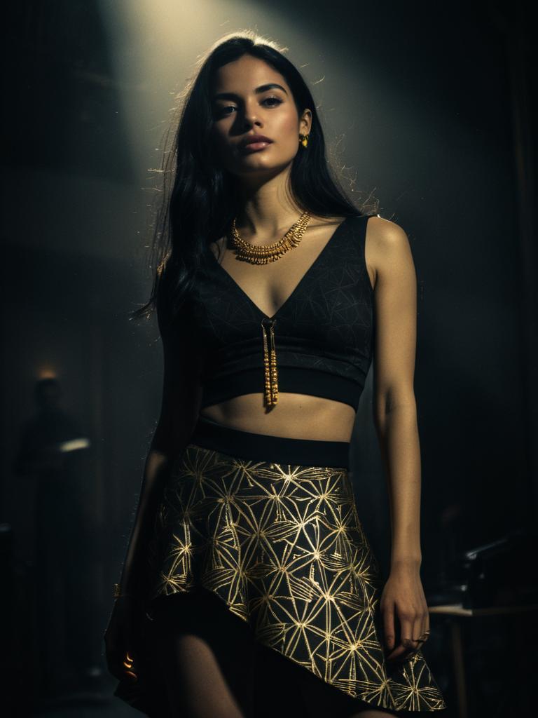 Woman in Edgy Black V-neck Cropped Top with Textured Patterns and Gold Geometric Skirt