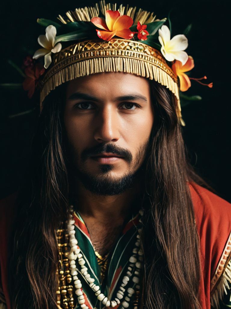 Man in Traditional Maui Costume with Floral Headdress and Long Hair Close-Up