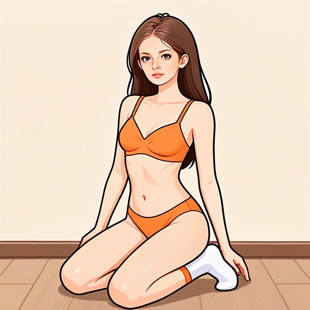 Anime Style Young Woman in Orange Bikini Illustration Kneeling