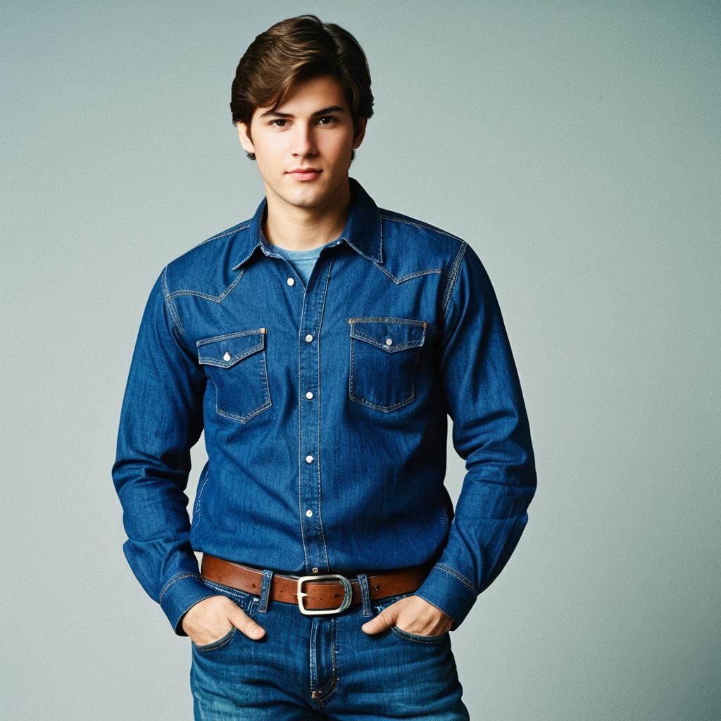 Young Man in Denim Shirt and Jeans Casual Fashion Portrait