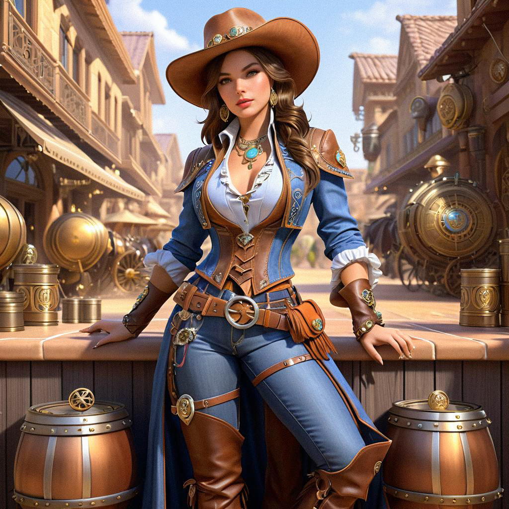 Confident Woman in Steampunk Western Outfit