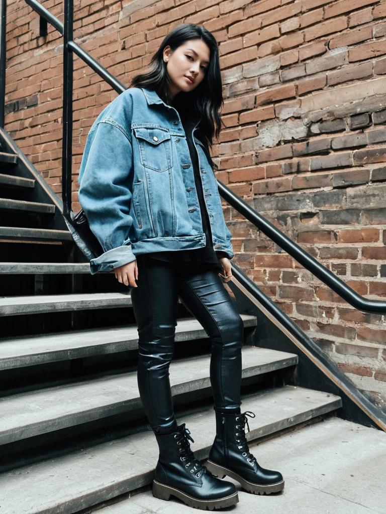 Urban Street Style Woman in Denim Jacket and Leather Pants on Staircase