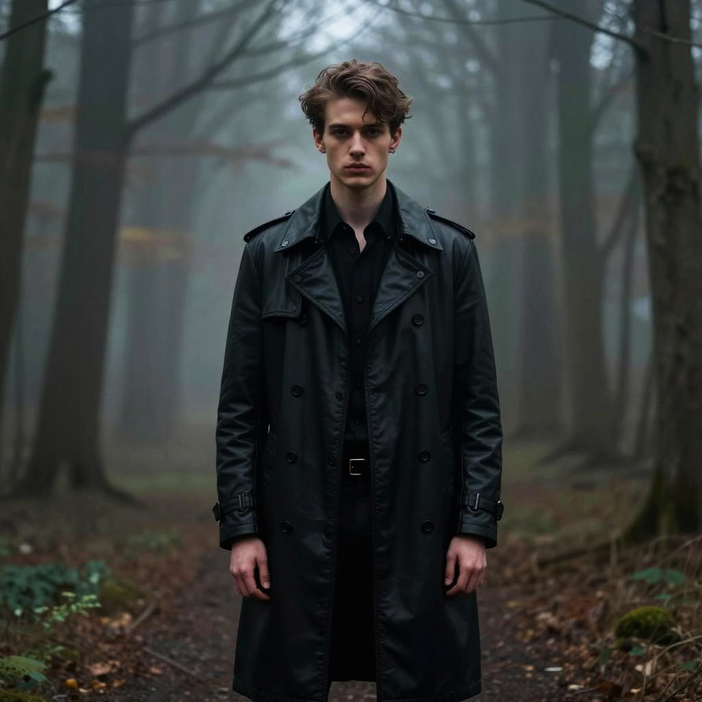 Young Man in Black Leather Trench Coat Standing in Misty Forest - Gen Z Fashion