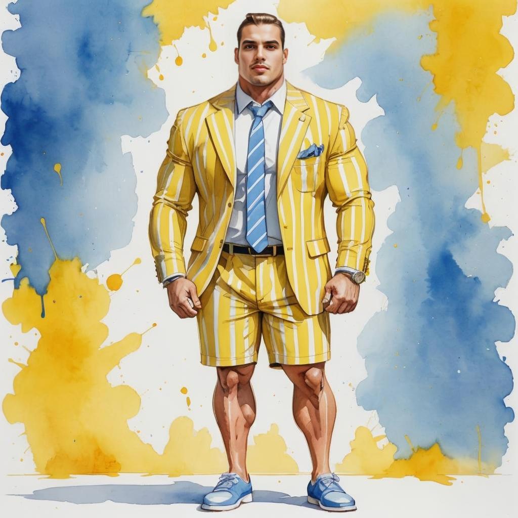 Man in Yellow Striped Suit Jacket and Shorts with Blue Tie – Watercolor Illustration