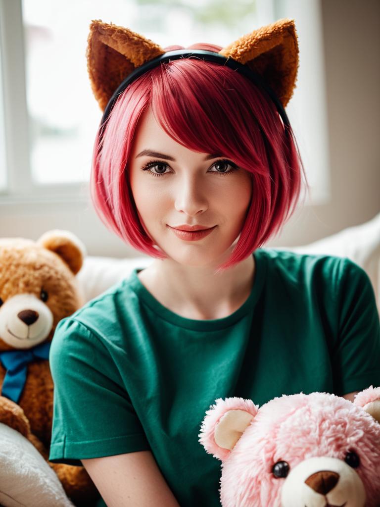 Young Woman with Pink Hair and Fox Ears Headband Holding Teddy Bears
