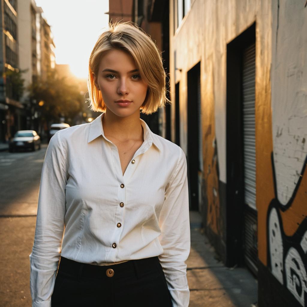 Confident Young Blonde Woman in Urban Street at Golden Hour