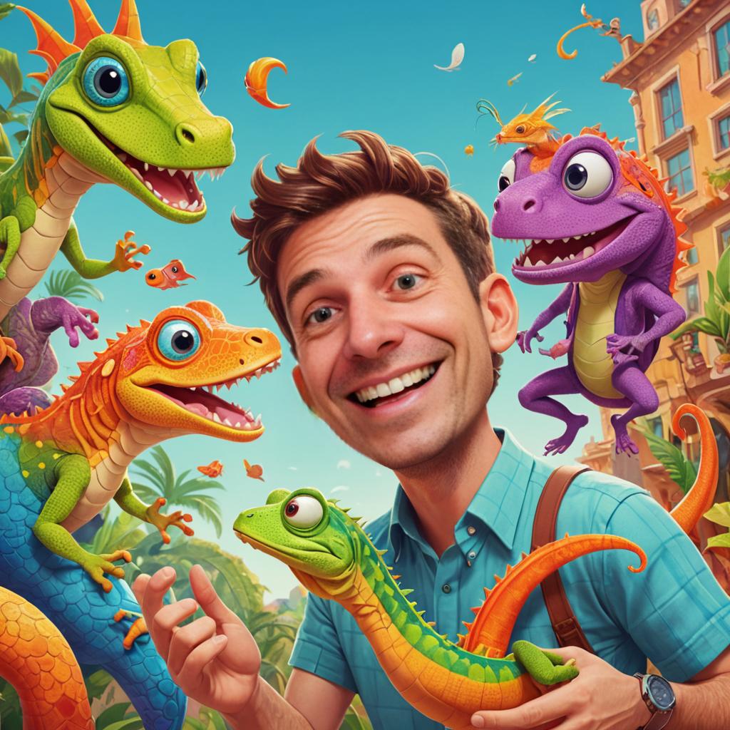 Cheerful man with cartoon lizards in vibrant setting