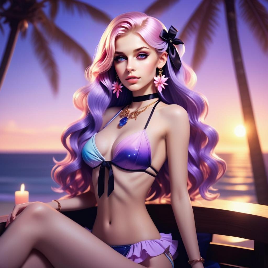 Confident Young Woman with Pastel Hair at Sunset Beach
