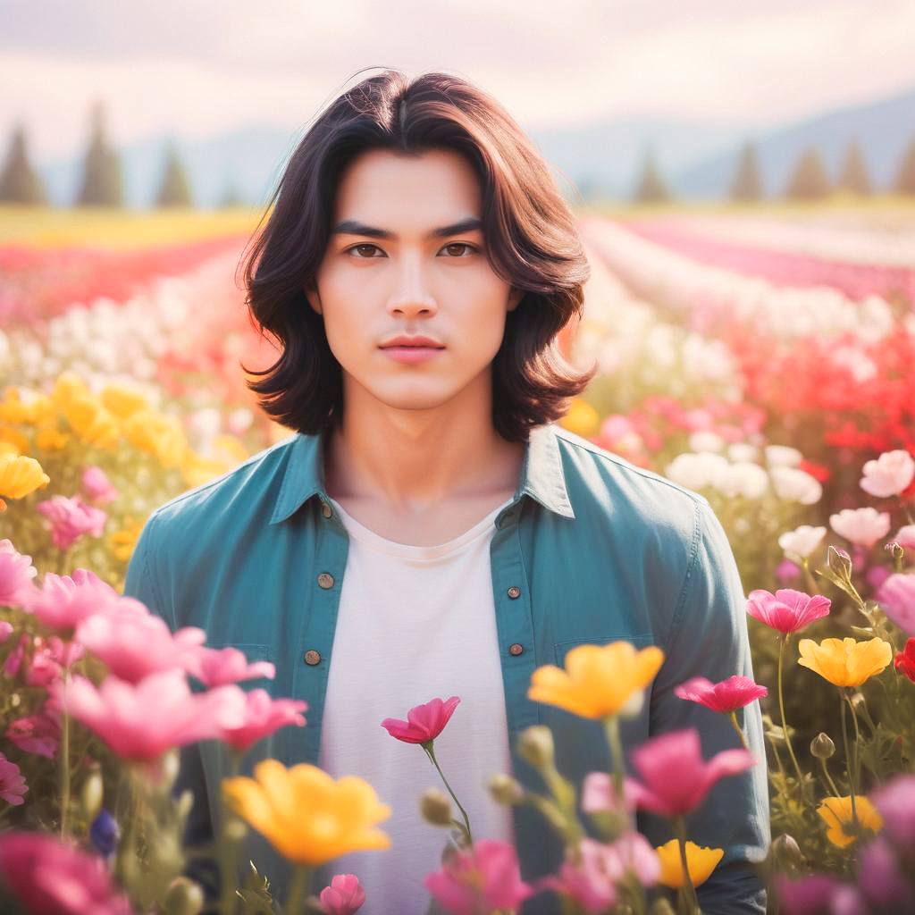 Young Man in Blooming Wildflower Field Young Man in Blooming Wildflower Field