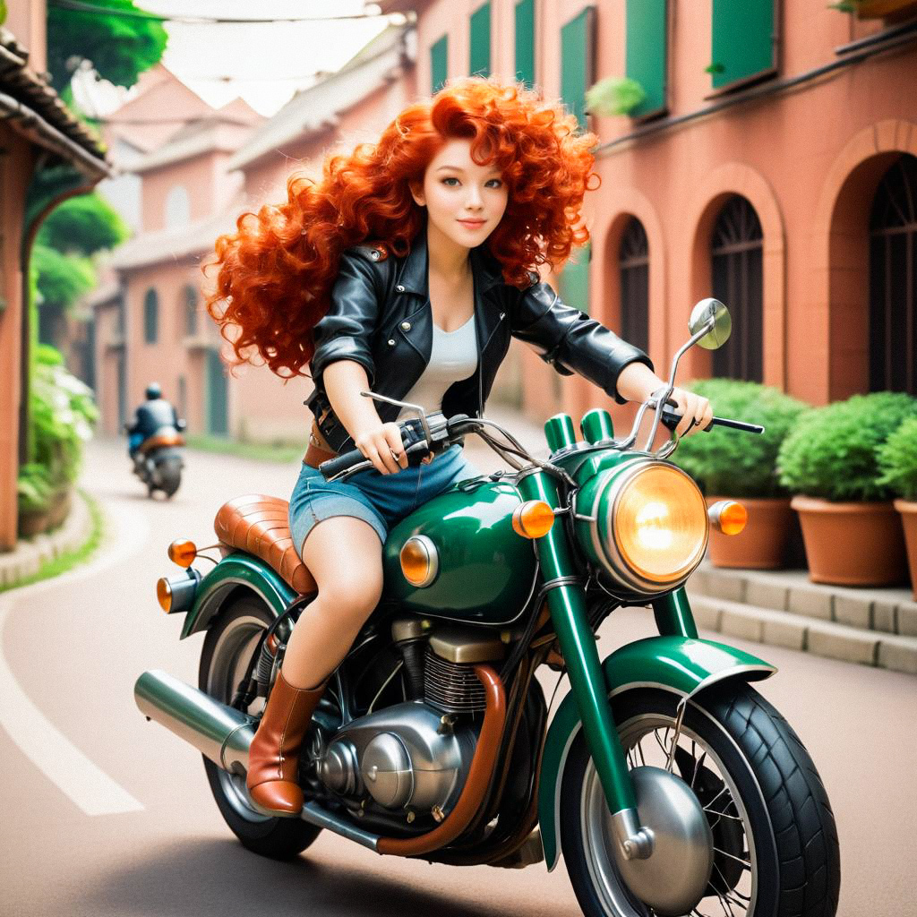 Woman with Red Hair Riding Vintage Motorcycle