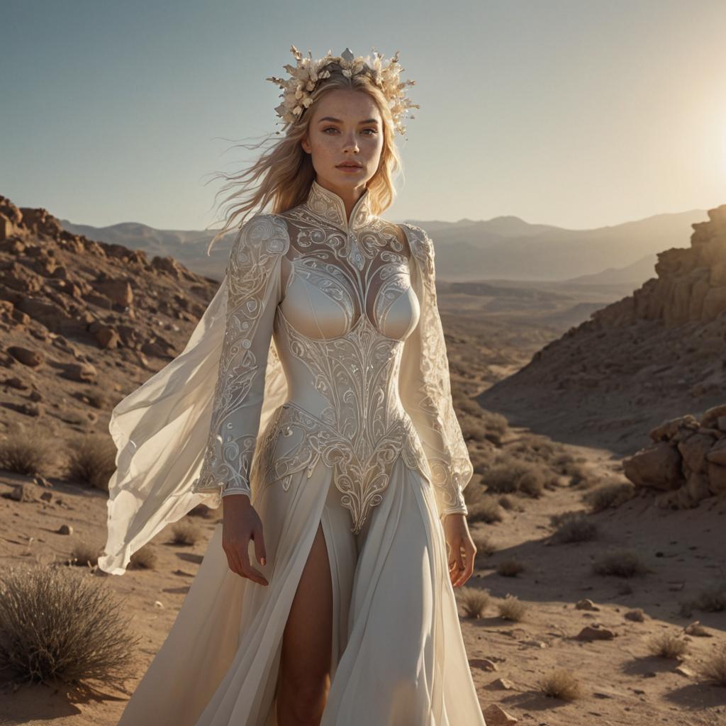 Pale Woman with White Flowers in Desert