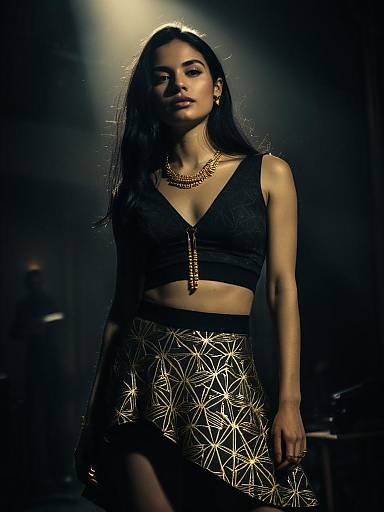Woman in Edgy Black V-neck Cropped Top with Textured Patterns and Gold Geometric Skirt