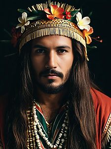 Man in Traditional Maui Costume with Floral Headdress and Long Hair Close-Up