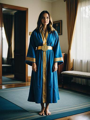 Woman in Blue and Gold Traditional Robe Standing Indoors