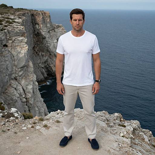 Man Standing on Rocky Cliff with Ocean Background