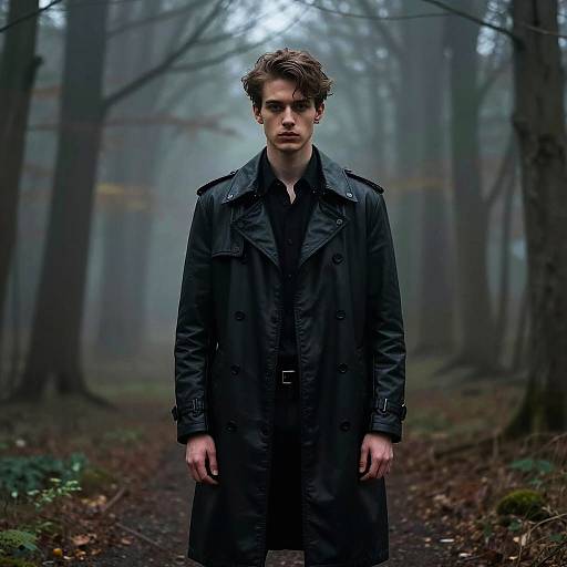 Young Man in Black Leather Trench Coat Standing in Misty Forest - Gen Z Fashion