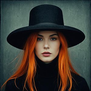 Portrait of Woman with Vibrant Orange Hair in Wide-Brimmed Black Hat