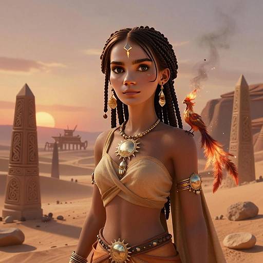 Fantasy Desert Woman with Phoenix and Ancient Obelisks