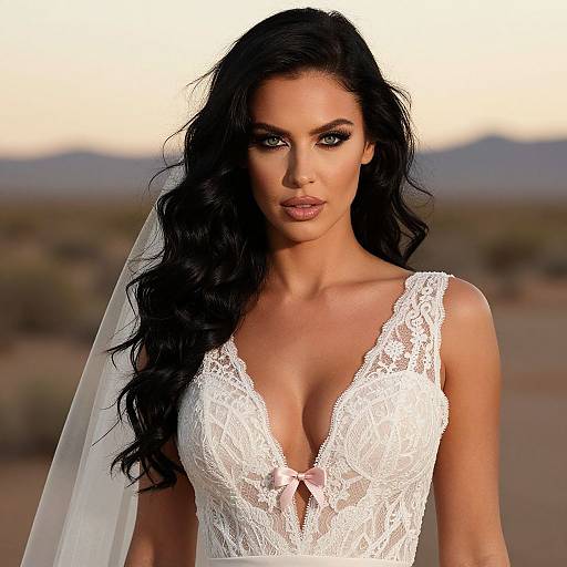 Elegant Bride in White Lace Wedding Dress with Pink Bow