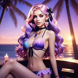 Confident Young Woman with Pastel Hair at Sunset Beach