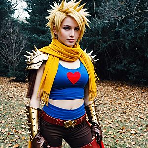Cosplay Woman in Spiked Blonde Wig and Fantasy Armor Outdoors