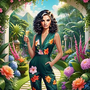 Stylish Woman in Floral Jumpsuit in Tropical Garden