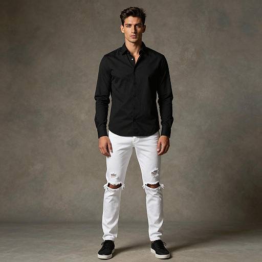 Young Man in Black Shirt and White Ripped Jeans Gen Z Fashion