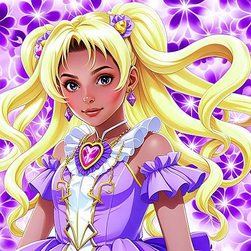 Anime Portrait of Blonde Woman in Lavender Dress with Heart Pendant