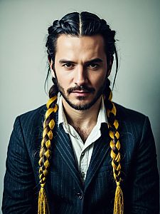 Man with braided hair and pinstripe jacket