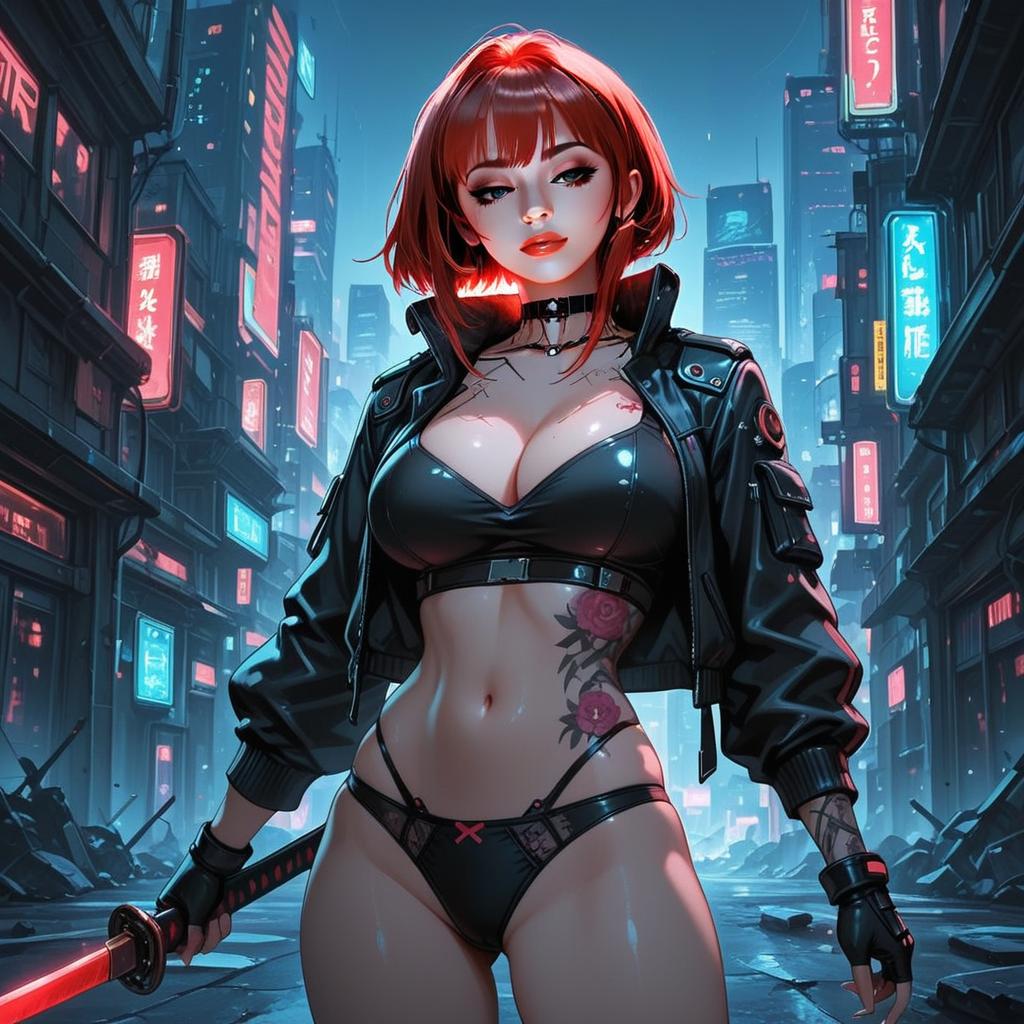 Cyberpunk Red-Haired Woman with Katana in Neon City Illustration