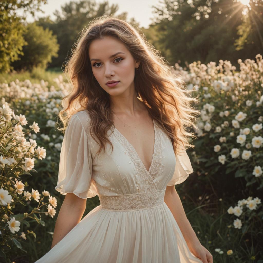 Serene Woman in White Dress in Flower Field