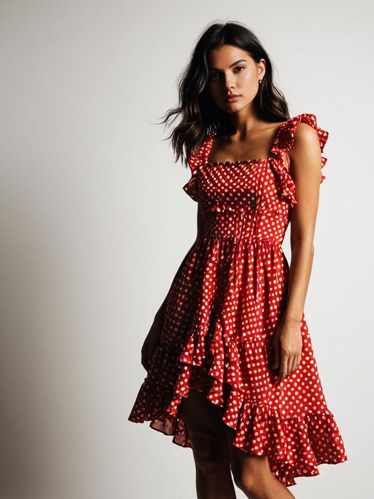 Woman in Playful Summer Style Red Polka Dot Ruffled Dress
