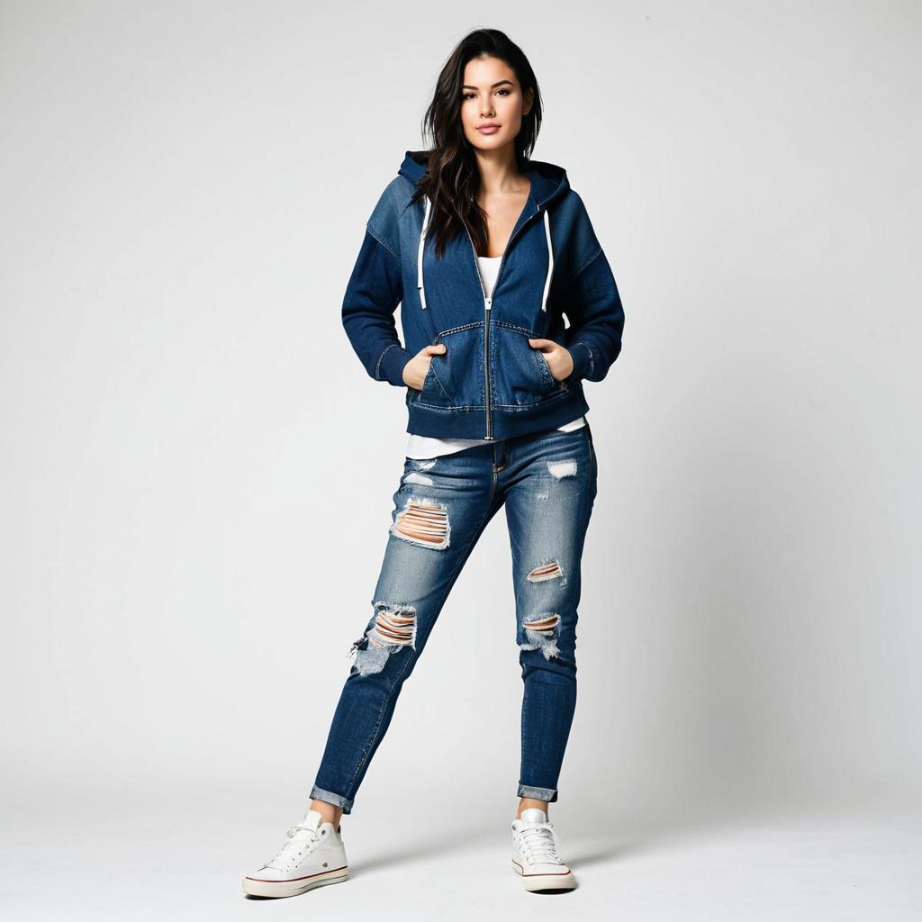 Young Woman in Casual Denim Hoodie and Distressed Jeans Streetwear Look