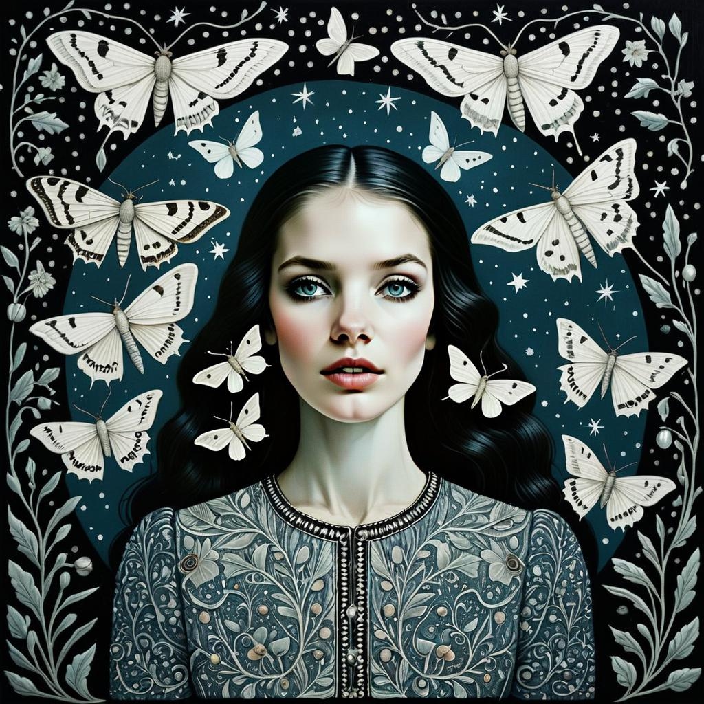 Portrait of Woman Surrounded by White Butterflies with Floral Patterned Dress