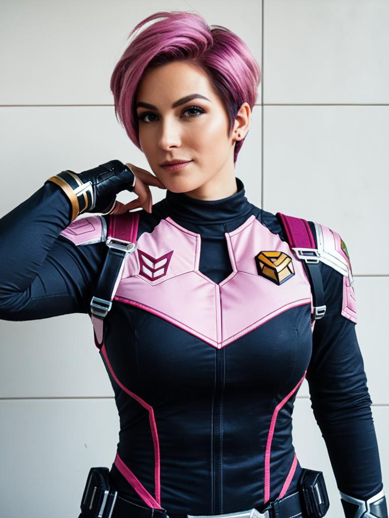 Realistic Woman Cosplay Wearing Zarya Costume with Pink Hair