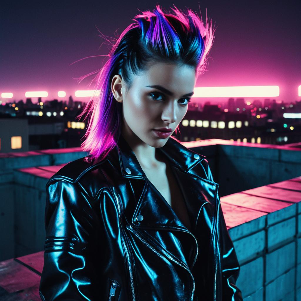 Cyberpunk Woman with Neon Hair and Leather Jacket on Rooftop at Night