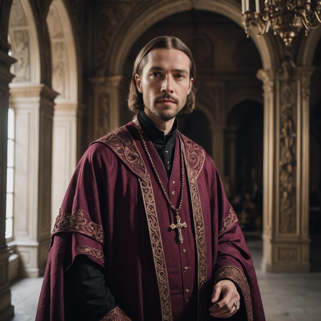 Man in Ornate Ecclesiastical Robes in Historic Cathedral
