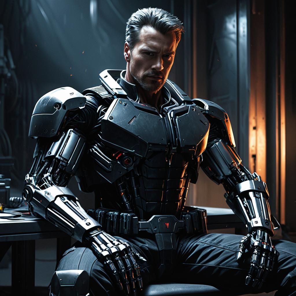 The Terminator Model 101 Cybernetic Soldier Recharging in Shadows