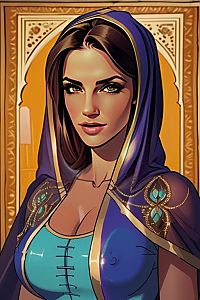 Fantasy Woman in Blue and Gold Hooded Cloak Digital Art