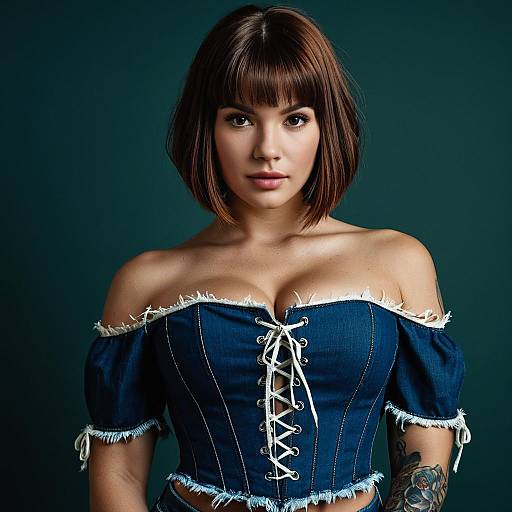 Portrait of Woman in Off-Shoulder Denim Corset with Bob Haircut