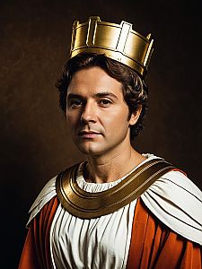 Photorealistic Man in Caesar Dressing Costume with Gold Crown
