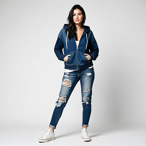 Young Woman in Casual Denim Hoodie and Distressed Jeans Streetwear Look